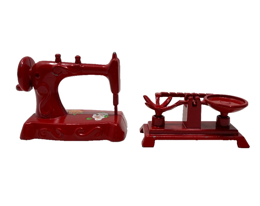 Lot of 2 Red Metal Dollhouse Miniatures Sewing Machine Balance Scale